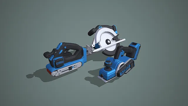 蓝黑配色锂电砂带机、电圆锯与电刨组合木工工具 3D 模型