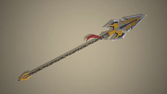 鎏金双刃战矛  红缨战术挂饰  科幻近战武器  写实金属质感