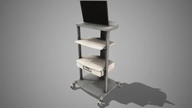 做旧风格  医用多层推车  斑驳痕迹  移动置物台  复古医疗风格  金属框架  显示器