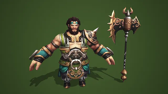 卡通 Q 版国风绿纹壮汉武将带雕花双刃巨斧 3D 角色模型