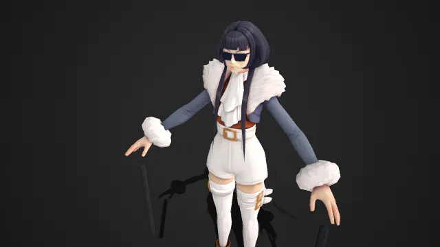 复古优雅  冷艳风格  女性游戏角色  墨镜  双棍武器  蓝白色调  飘带装饰  灰蓝毛领短外套