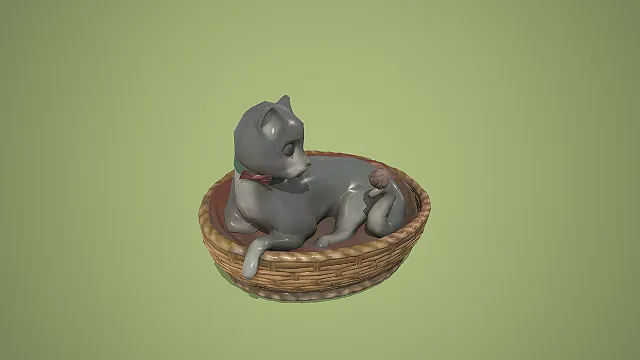 陶瓷灰猫卧藤编猫窝装饰摆件