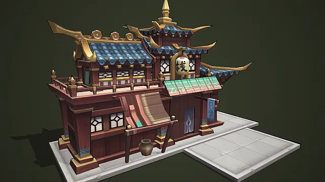 中式古风两层商铺建筑 3D 模型