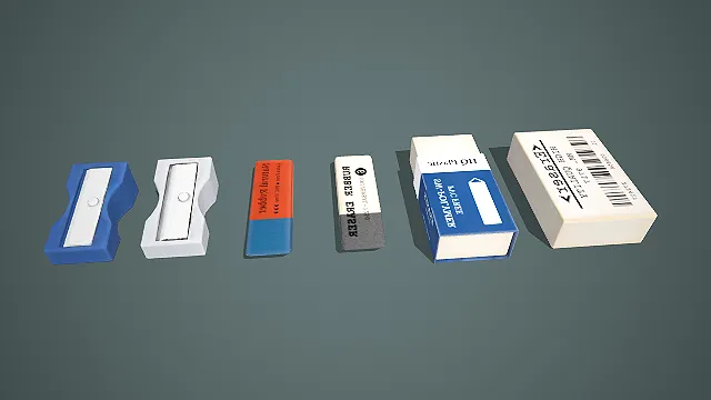 低模写实文具套装 3D 模型 卷笔刀橡皮组合素材