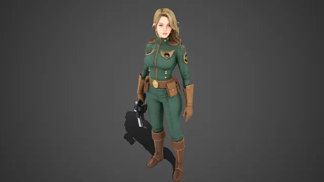军绿色  女特工  风格干练  紧身制服  科幻手枪  飒爽