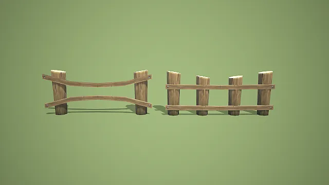 卡通风格渐变木桩双横杆木栅栏 3D 低多边形场景装饰模型