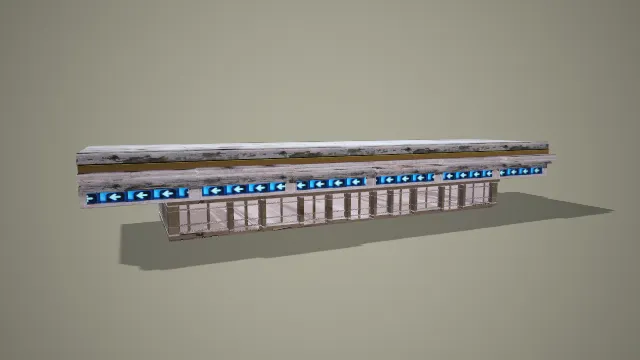 带单向箭头标识的老旧长条形商铺建筑 3D 模型