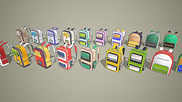 卡通多配色简约学生双肩书包 3D 模型合集 游戏道具资产