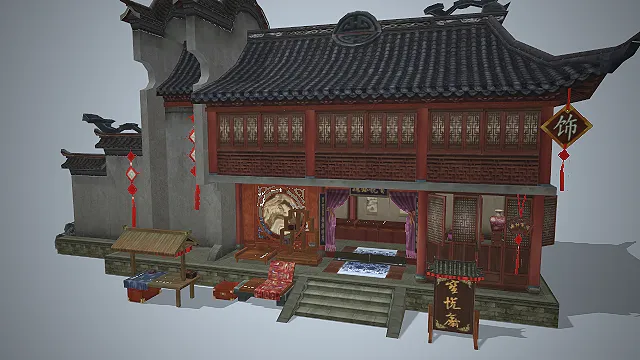 中式徽派  古玩店铺  木雕花窗  文玩摊位