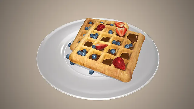 一个写实风格的常见西式早餐华夫饼的模型