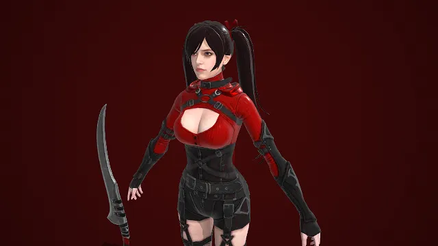 双马尾  女性 3D 角色模型  渔网袜  弯刀武器  紧身战装  暗黑题材  