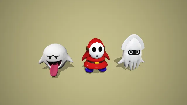 卡通风格经典游戏幽灵面具乌贼套装 3D 低多边形角色模型