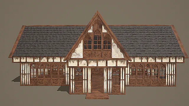 复古木骨白墙灰瓦尖顶建筑3D模型