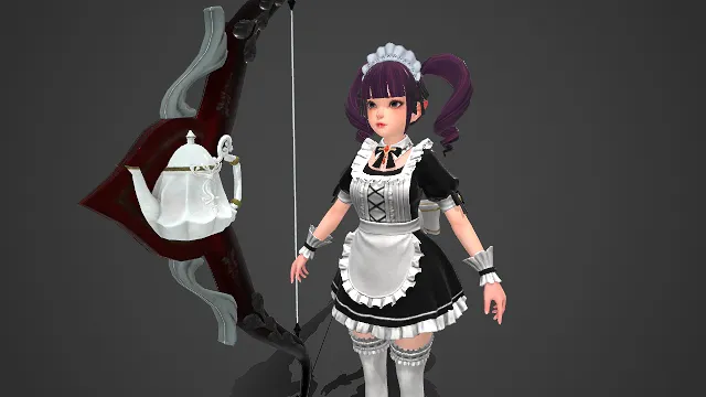 女仆装  紫发高马尾  俏皮风格  奇幻风格  蕾丝花边服饰  长弓