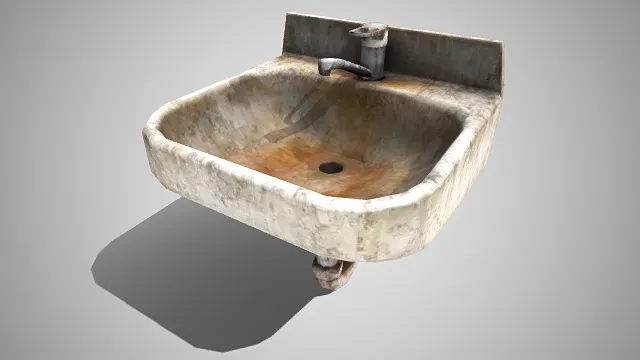 做旧风格  单盆壁挂式  洗手池  泛黄磨损  排水管道  挡水板  实用