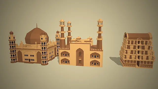 一套低模多边形风格的，印度地标建筑3D模型