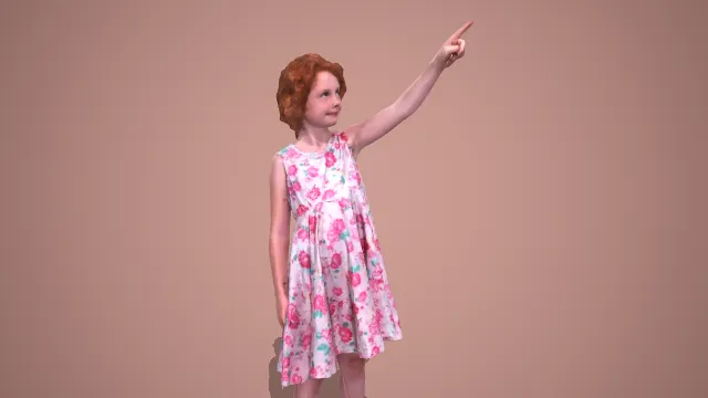 粉花无袖裙红发小女孩抬手指物站姿 3D 模型