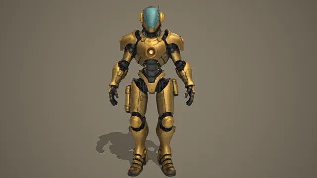 赛博废土风格金色机甲角色3D模型