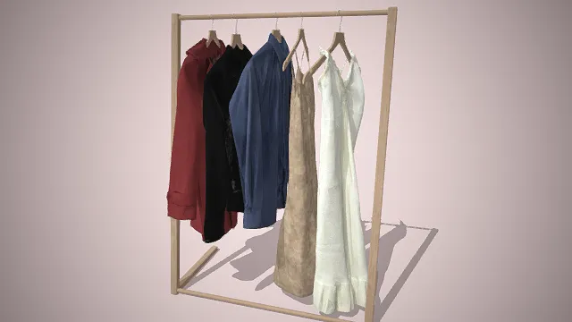 一个简约木质落地挂衣架并挂着衣物的3D模型