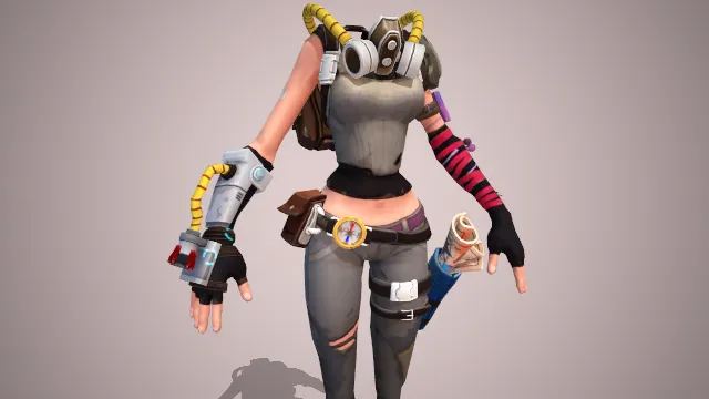 紧身工装，手臂有机械装置，口袋装有地图