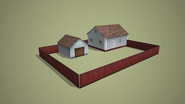 带院落围栏的乡村住宅加附属小屋建筑 3D 场景模型