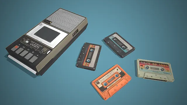一套复古磁带录音机的3D模型，老式音频播放设备