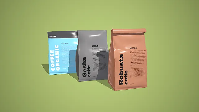 卡通风格有机、瑰夏与罗布斯塔咖啡豆袋组合 3D 低多边形咖啡场景装饰模型