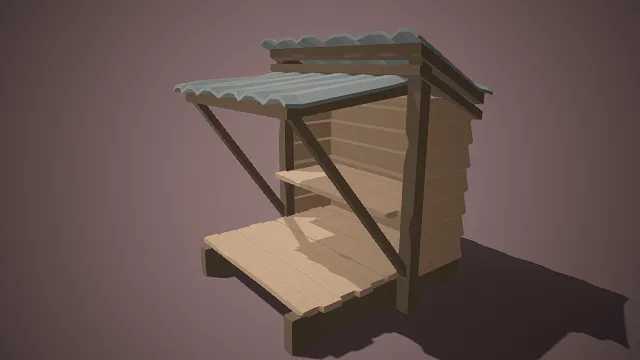 低多边形  简易户外小棚  波纹金属顶  木架支撑  木质台阶  质朴简约  