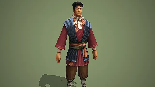 红蓝配色戴黑帽古风平民男性游戏角色模型