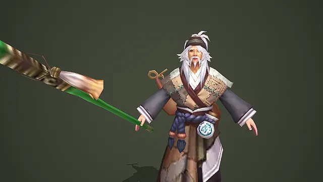 白发古风老酒鬼角色配酒壶与绿竹杖模型