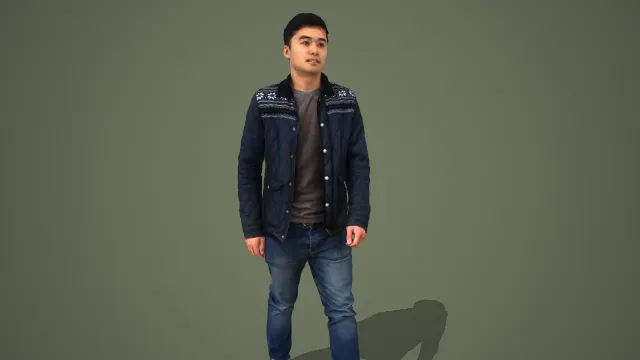 复古休闲风暗纹菱格夹克配蓝牛男性日常出行形象 3D 模型