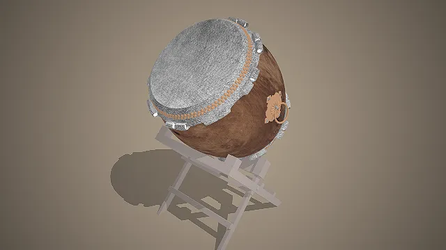 一个古典风格的3D中式大鼓模型，鼓身为木质纹理