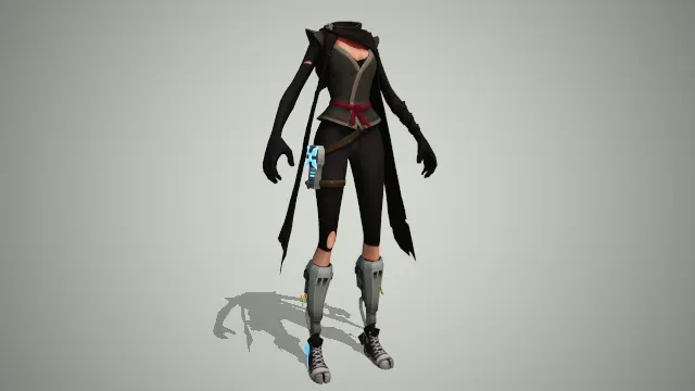 女士服装，黑色长围巾，小腿由机械职场保护