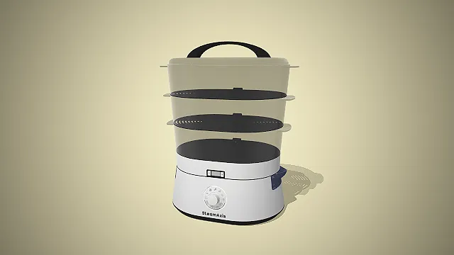 一个三层电蒸锅的3D模型，是烹饪的厨房小家电