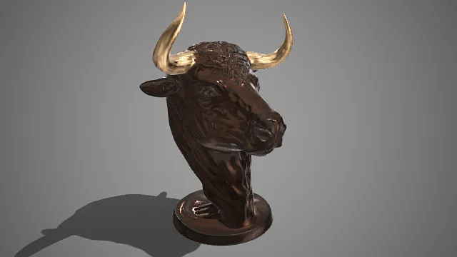 装饰性  牛头雕塑  棕褐色亮面材质  华丽且富有光泽  陈设摆件  艺术展示  