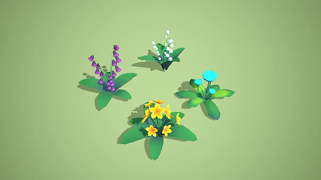 卡通风格铃兰蓝花黄花组合 3D 低多边形植被装饰模型