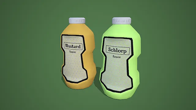 低多边形芥末与趣味 Schlorp 调味瓶组合 3D 场景模型