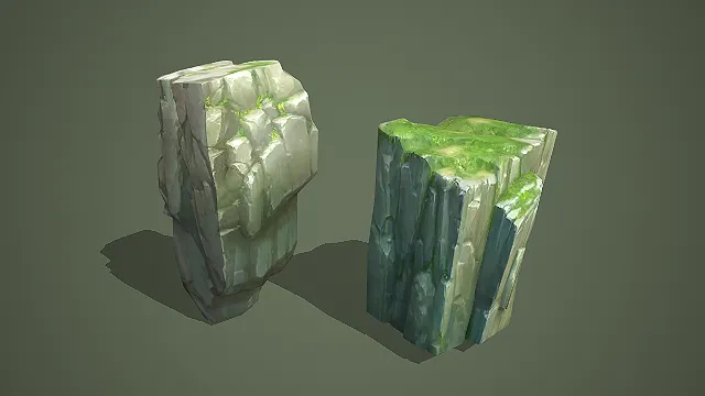 卡通风格青灰苔藓崖壁碎石组合 3D 模型 游戏场景地形素材