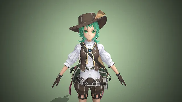 一个绿发戴牛仔帽的女生冒险者3D模型