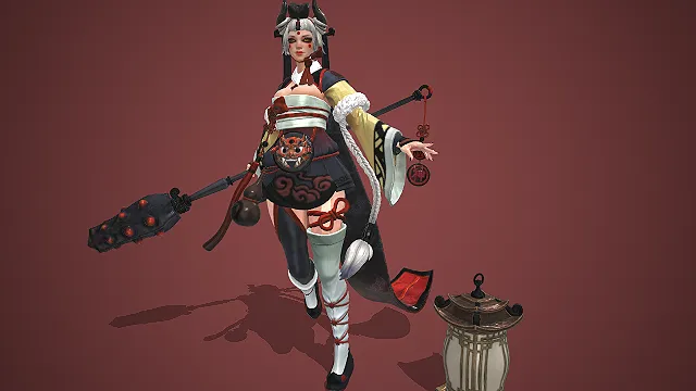 和风巫女  白灰短发  狼牙棒武器  妖异妆容
