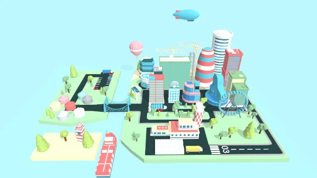 卡通风格化马费尔城市场景建筑飞船道路楼房