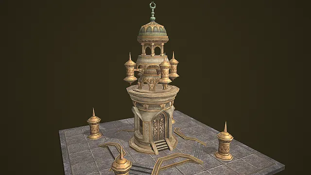 伊斯兰风穹顶配尖塔雕纹的异域建筑 3D 场景模型