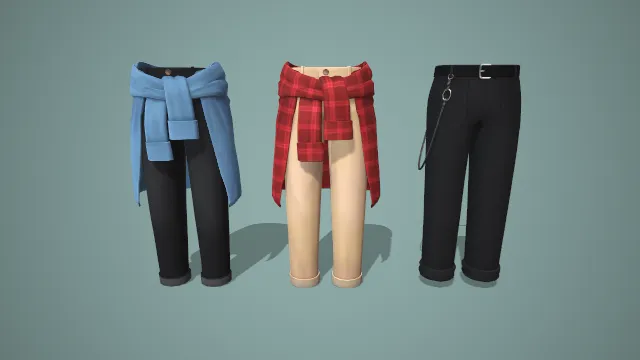 衬衫绑腰卷边裤与皮带挂饰长裤三件套 3D 模型