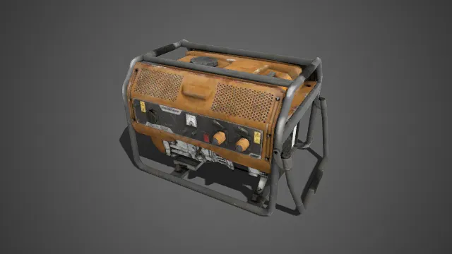 做旧风格  便携发电机  棕黄铁皮机身  金属防护框  多孔散热面板  小型发电设备  老旧工业  