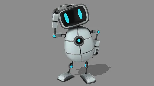 3D卡通风格白蓝系萌系机器人模型，创意设计（3D机器人、卡通风格、可爱风，机器人设计主题）