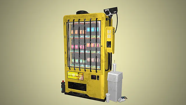 一个赛博朋克风格的3D破旧黄色自动售货机模型
