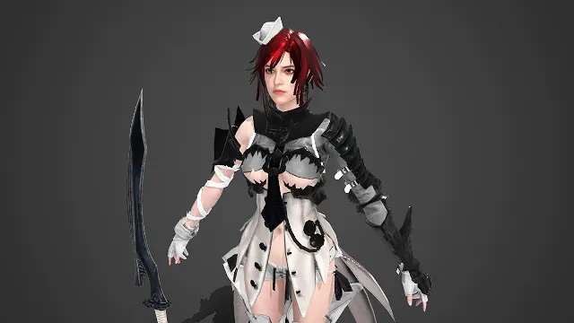 游戏女角色  暗黑风格  红发劲装   尖刺战甲  冷硬质感  尖刺元素  性感  长剑