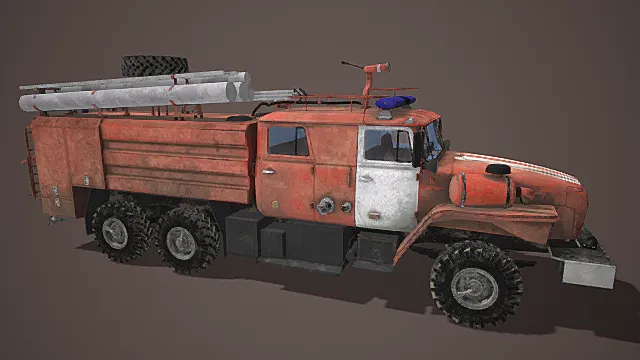 废土重装风格战损消防救援车载具3D模型
