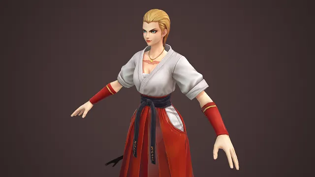 动漫风格  3D 女性角色建模  金发高束  日式和风  金色几何纹样  古风少女  利落感