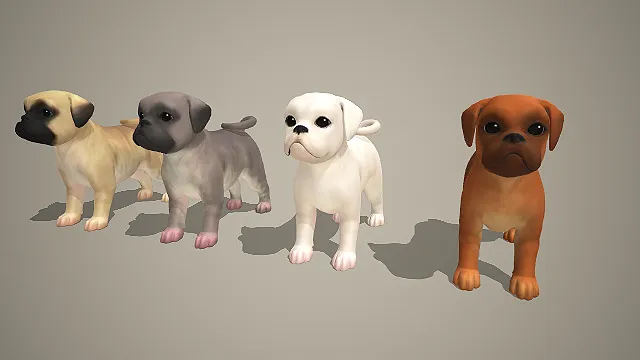 卡通多色八哥幼犬 3D 模型 软萌宠物犬角色素材包